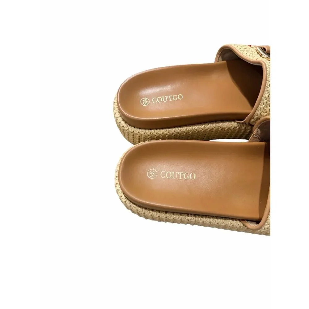 Coutgo Womens Platform Sandals Raffia Espadrilles Slip-on Open Toe Slides 9.5 - Picture 7 of 8
